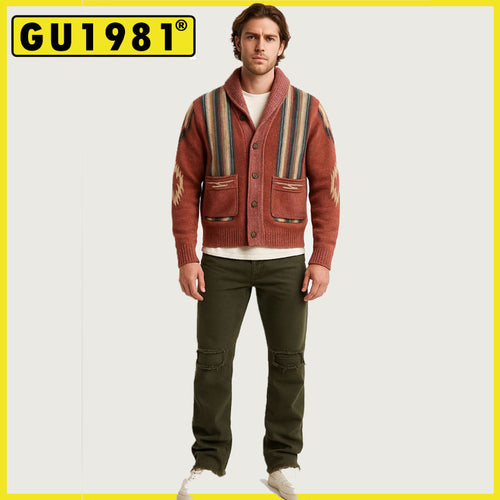 GU1981 American Retro Jacquard Lapel Sleeve Knitted Sweater Men's Clothing